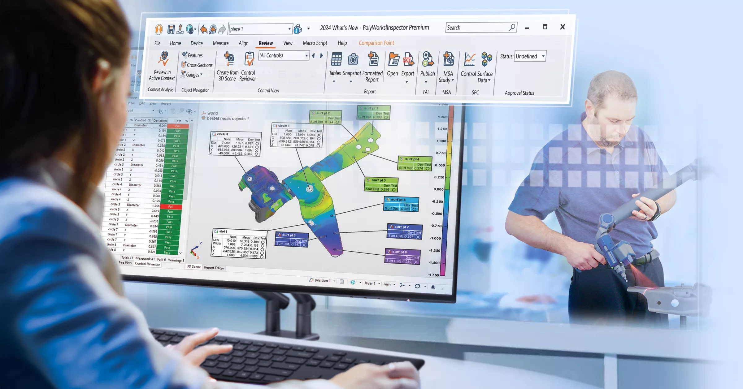 PolyWorks|Inspector 2024's lintmenu, opnieuw ontworpen interfaces en contextuele werkbalken op het scherm helpen gebruikers hun workflow te optimaliseren.